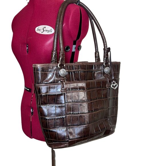 Brighton Handbags - Brighton Brown Croc Embossed Leather Tote Shoulder Bag Heart Charm